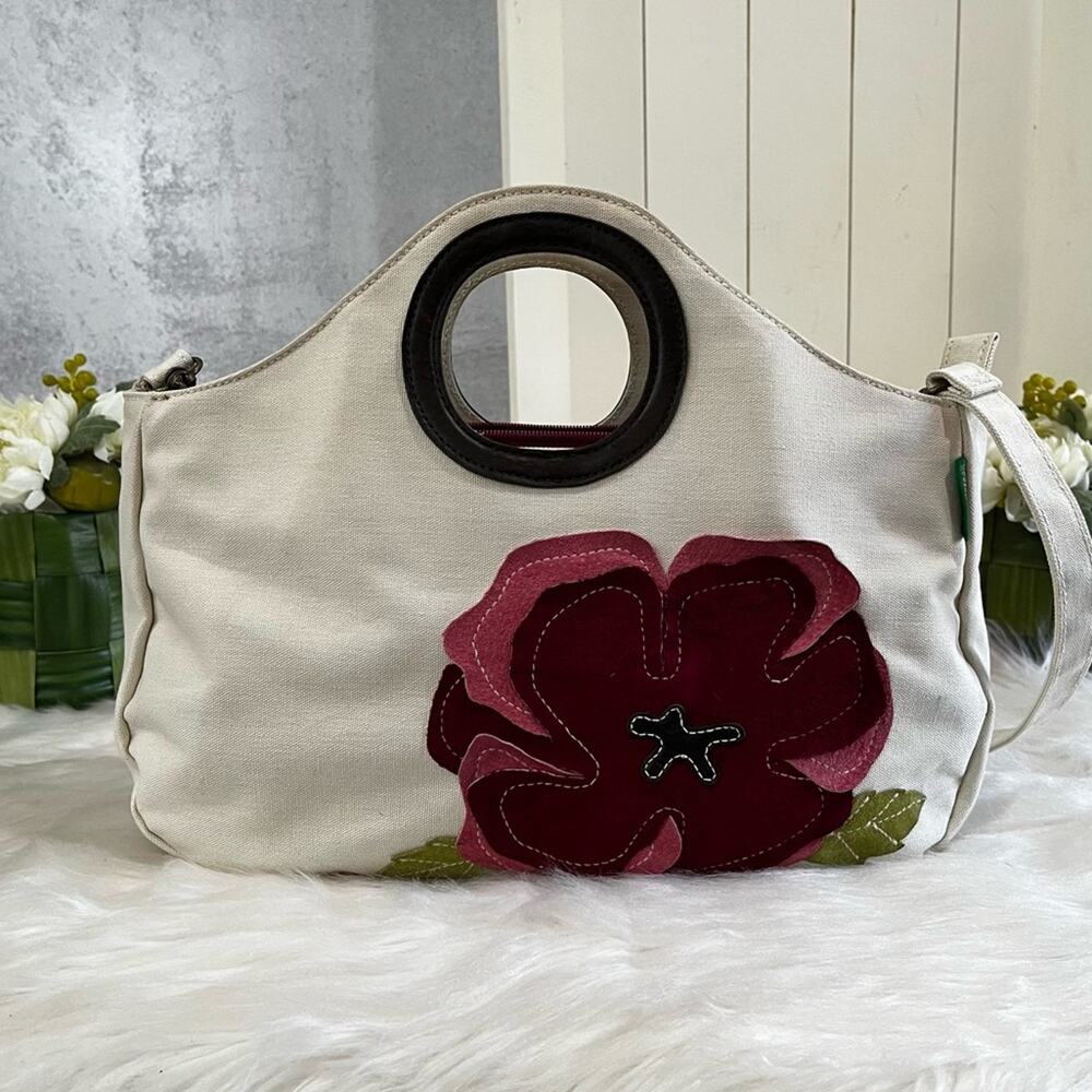 NEW Benetton Classic City Traveler Flower Crossbody Handbag Cotton Suede Leather - Picture 12 of 16